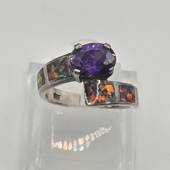 Vintage Soild Fire Opal Inlay Amethyst Bypass Ring Size 6 - Picture 1 of 12